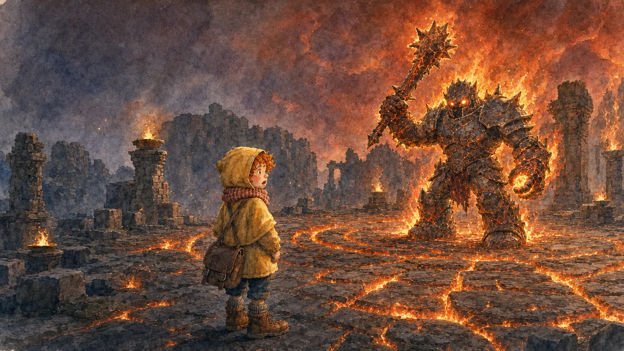 Phase 2: the golem is now armoured, on fire and swinging a spiked mace, and the arena floor cracks with lava under a blood-red sky.