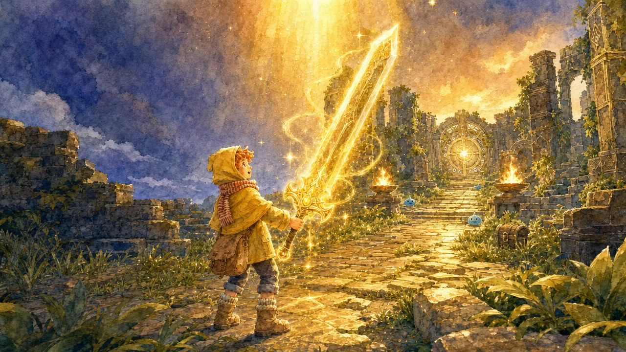 A beam of light pours down and a colossal glowing sword appears in the adventurer's hand, lighting the whole courtyard gold.